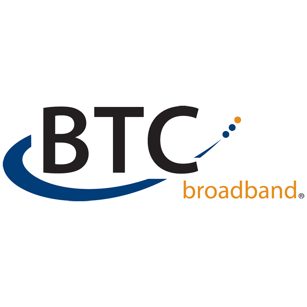 A black and blue logo for btc broadband.