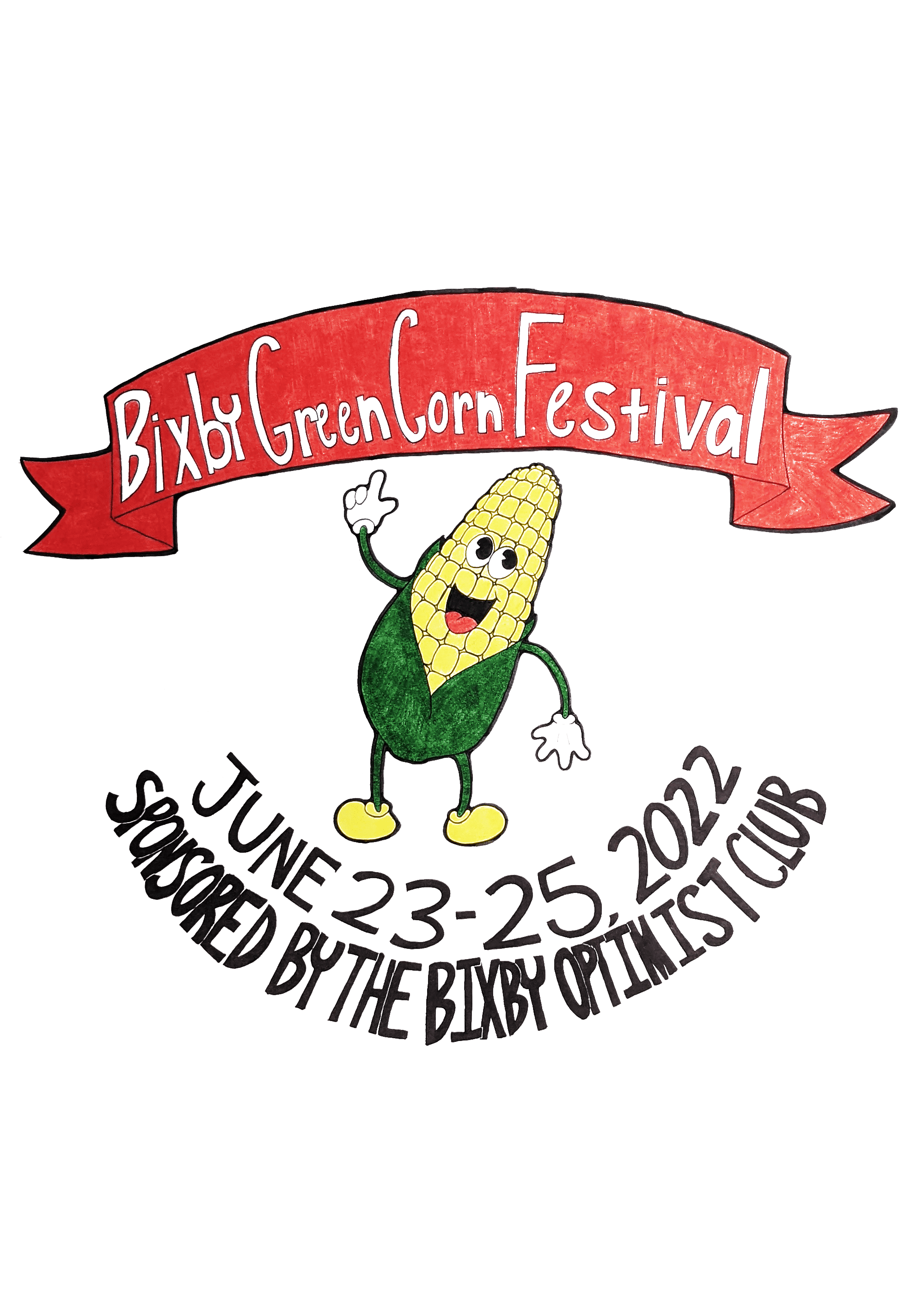 A drawing of a corn character with the words " bitby gruncorn festival june 2 3-2 5, 2 0 2 1 socked